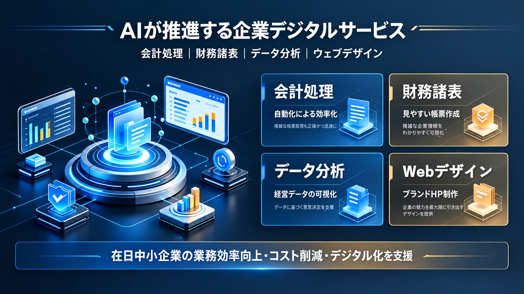 AIが推進する企業デジタルサービス：会計処理、財務諸表、データ分析、Webデザイン。在日中小企業の業務効率向上・コスト削減・デジタル化を支援します。